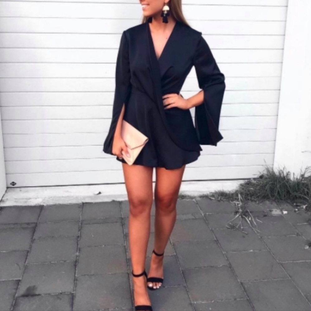 C/MEO Collective Small Black Satin Faux Wrap Playsuit Romper